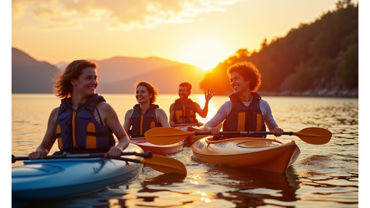 Group of friends kayaking together on a vast, beautiful lake at sunset