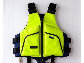Low-profile lime green kayaking PFD with multiple pockets and adjustable straps.