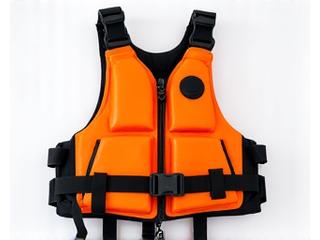 Bright orange high-buoyancy PFD designed for river kayaking.